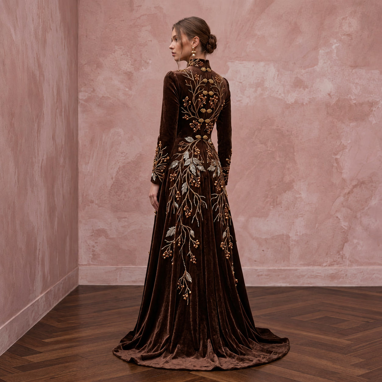 Modest Chocolate Brown Velvet High Neck A-Line Winter Gown Secondary image