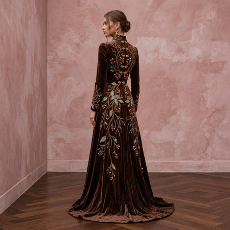 Modest Chocolate Brown Velvet High Neck A-Line Winter Gown
