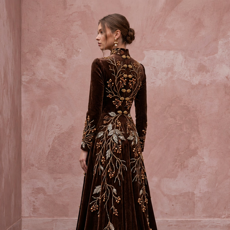 Modest Chocolate Brown Velvet High Neck A-Line Winter Gown