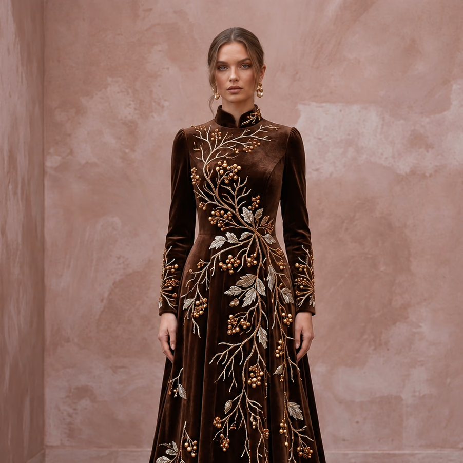 Modest Chocolate Brown Velvet High Neck A-Line Winter Gown