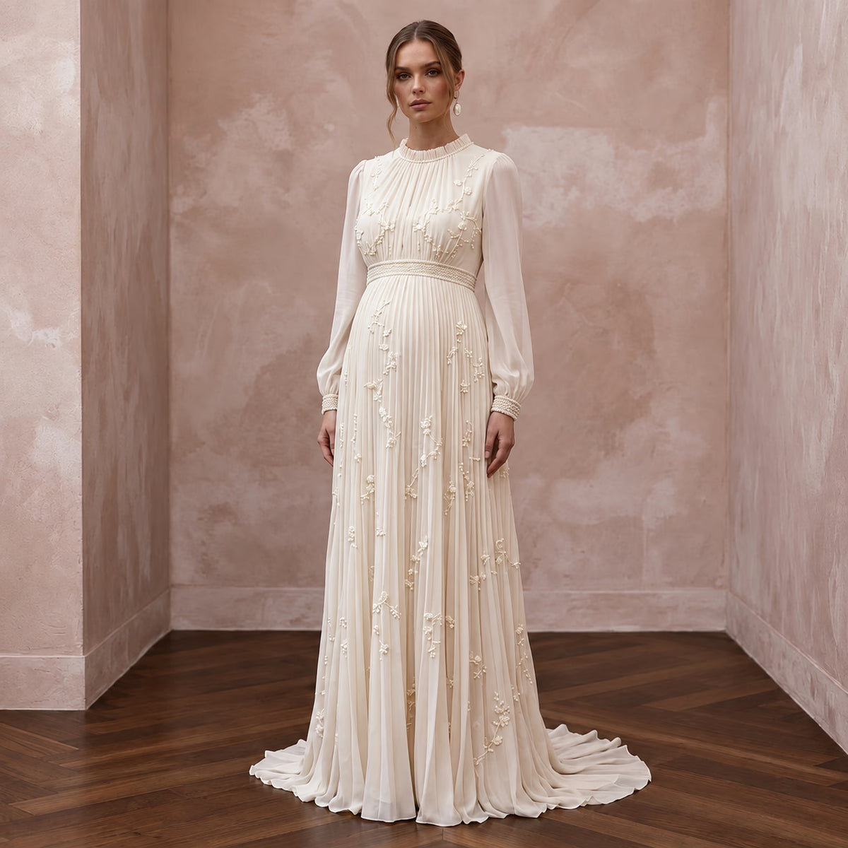 Modest Cream Chiffon Empire Waist Pleated Maternity Bridal Dress - Apparel & Accessories > Clothing > Wedding & Bridal Party Dresses > Wedding Dresses - Mignonette Bridal