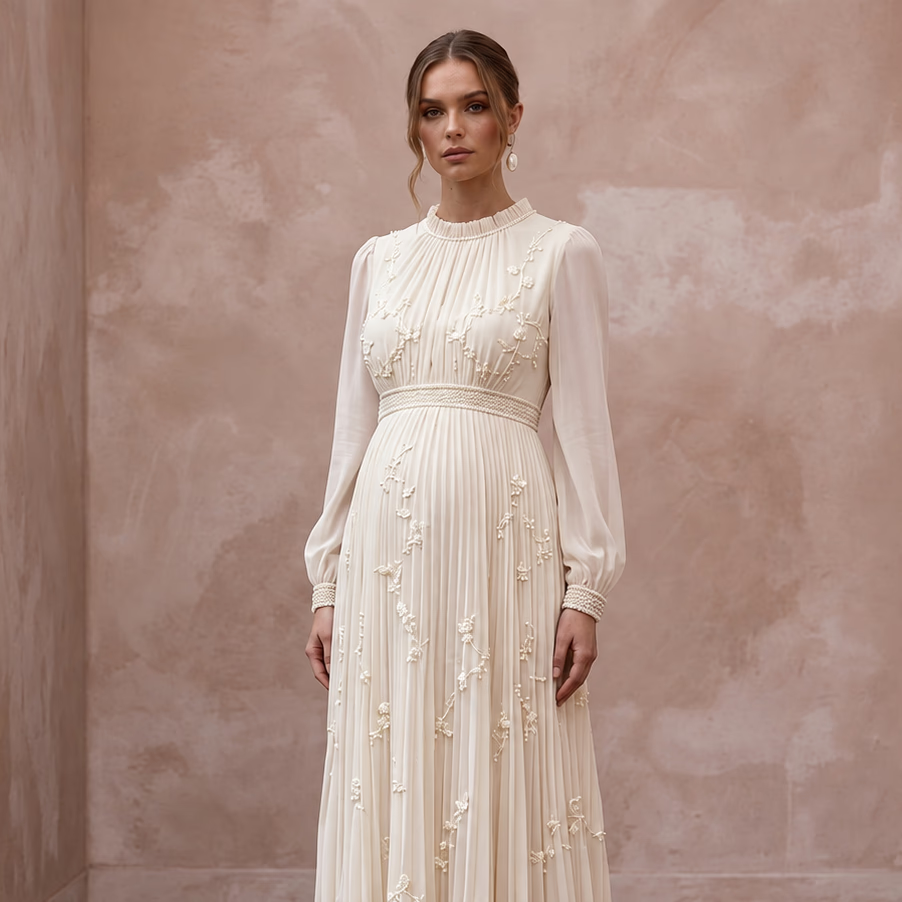 Modest Cream Chiffon Empire Waist Pleated Maternity Bridal Dress - Apparel & Accessories > Clothing > Wedding & Bridal Party Dresses > Wedding Dresses - Mignonette Bridal