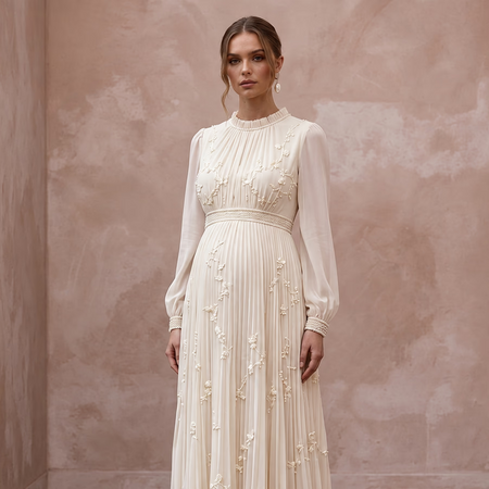 Modest Cream Chiffon Empire Waist Pleated Maternity Bridal Dress - Apparel & Accessories > Clothing > Wedding & Bridal Party Dresses > Wedding Dresses - Mignonette Bridal