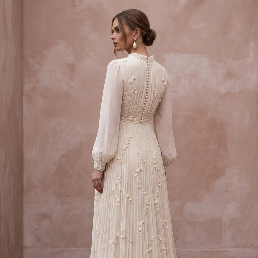 Modest Cream Chiffon Empire Waist Pleated Maternity Bridal Dress - Apparel & Accessories > Clothing > Wedding & Bridal Party Dresses > Wedding Dresses - Mignonette Bridal