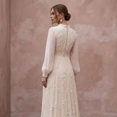 Modest Cream Chiffon Empire Waist Pleated Maternity Bridal Dress - Apparel & Accessories > Clothing > Wedding & Bridal Party Dresses > Wedding Dresses - Mignonette Bridal