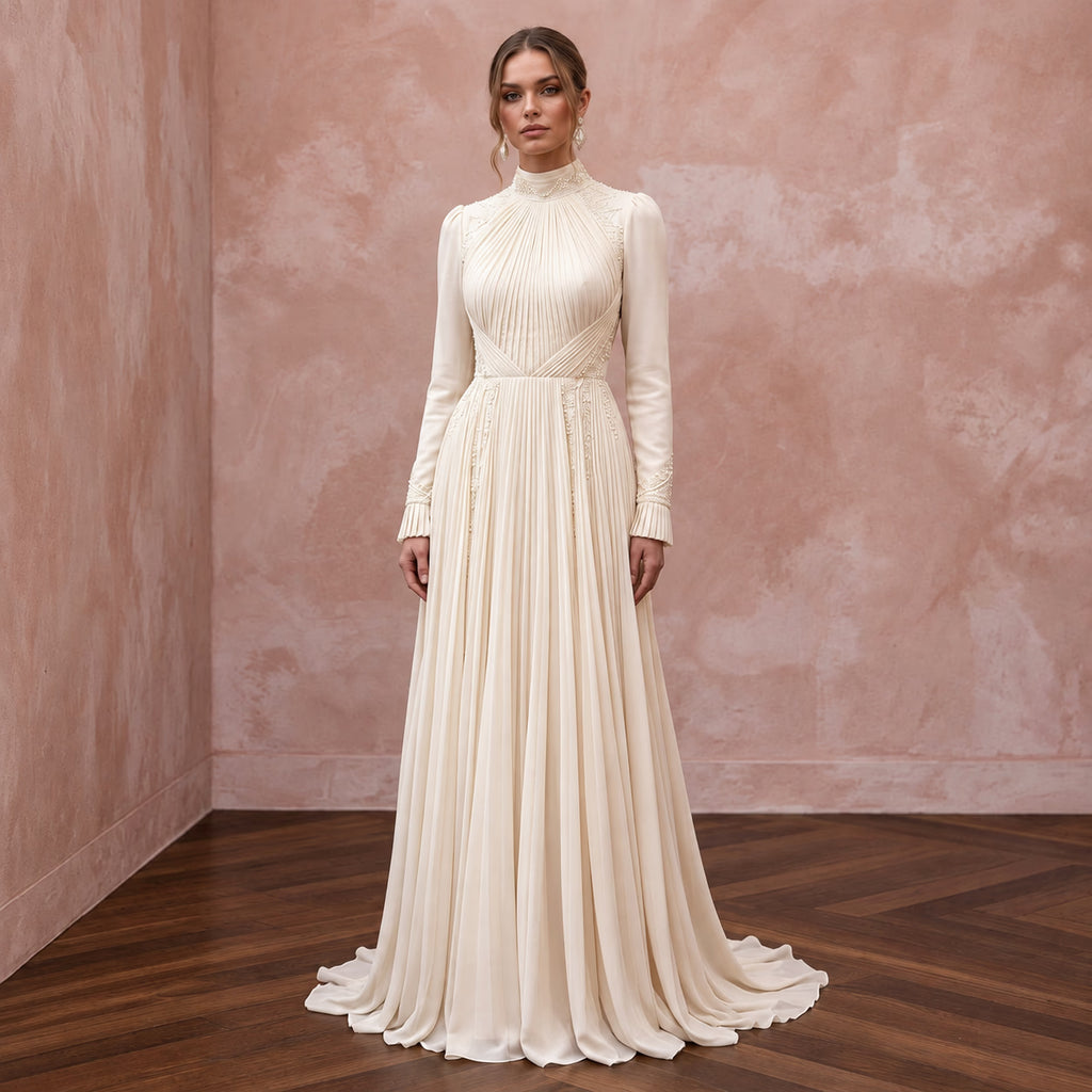 Modest Cream Chiffon High Neck Long Sleeve Pleated A-Line Dress