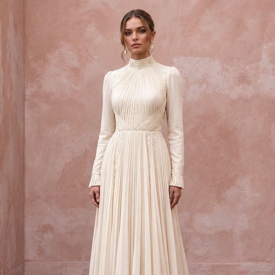 Modest Cream Chiffon High Neck Long Sleeve Pleated A-Line Dress