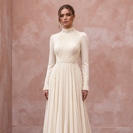 Modest Cream Chiffon High Neck Long Sleeve Pleated A-Line Dress
