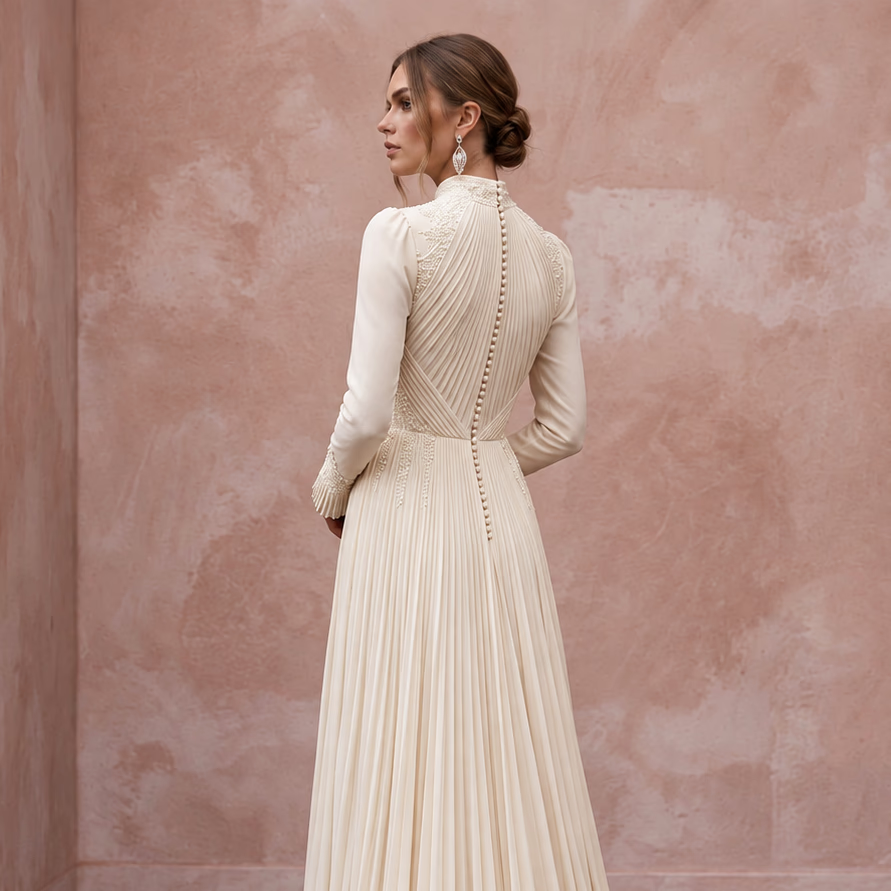 Modest Cream Chiffon High Neck Long Sleeve Pleated A-Line Dress