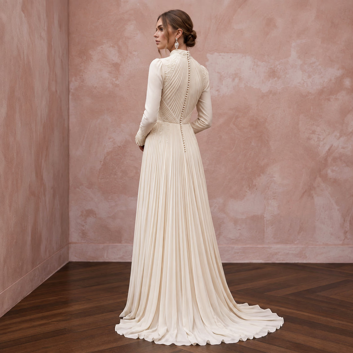 Modest Cream Chiffon High Neck Long Sleeve Pleated A-Line Dress