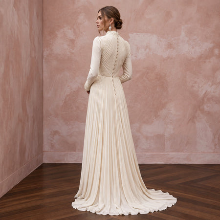 Modest Cream Chiffon High Neck Long Sleeve Pleated A-Line Dress