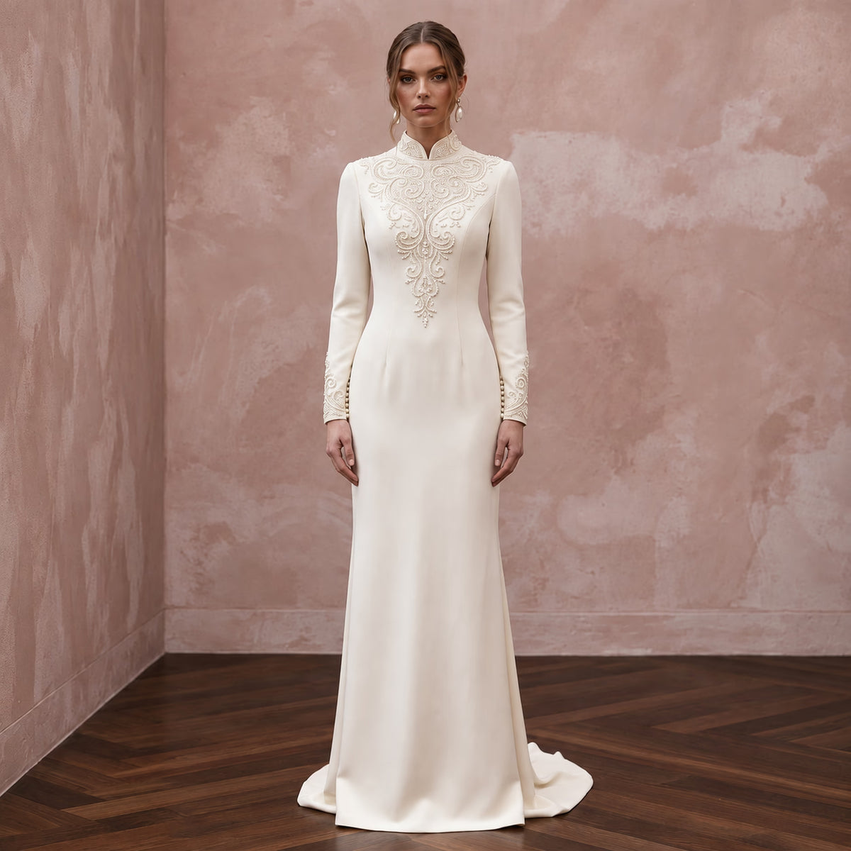 Modest Cream Silk Crepe High Neck Column Gown for Church Vows