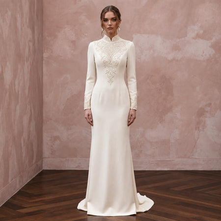 Modest Cream Silk Crepe High Neck Column Gown for Church Vows