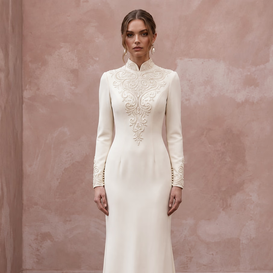 Modest Cream Silk Crepe High Neck Column Gown for Church Vows