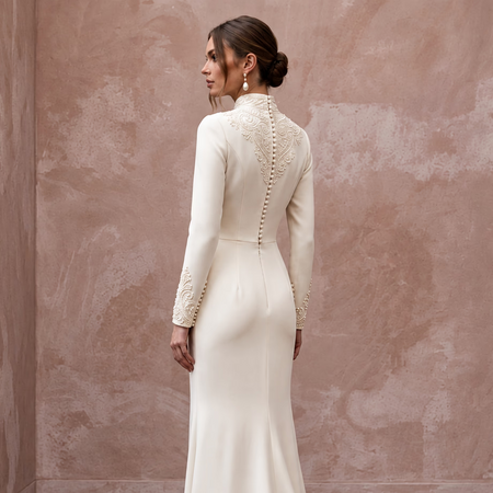 Modest Cream Silk Crepe High Neck Column Gown for Church Vows