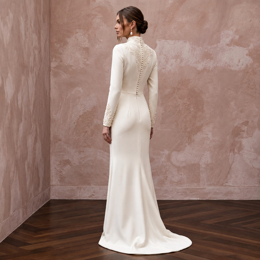 Modest Cream Silk Crepe High Neck Column Gown for Church Vows