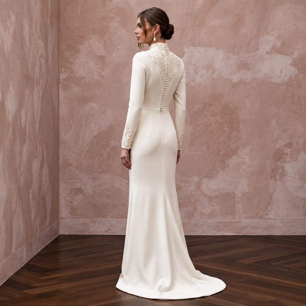 Modest Cream Silk Crepe High Neck Column Gown for Church Vows