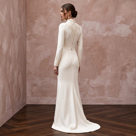 Modest Cream Silk Crepe High Neck Column Gown for Church Vows