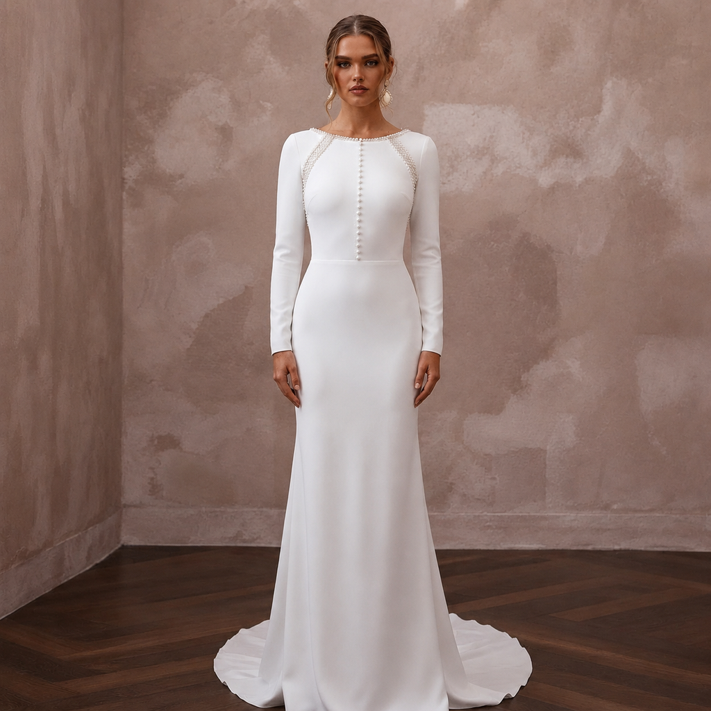 Modest Crepe Sheath Wedding Dress with Long Sleeves - Apparel & Accessories > Clothing > Wedding & Bridal Party Dresses > Wedding Dresses - Mignonette Bridal