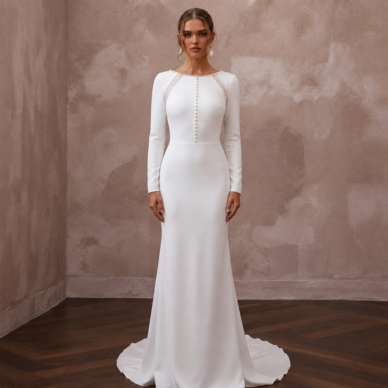 Modest Crepe Sheath Wedding Dress with Long Sleeves - Apparel & Accessories > Clothing > Wedding & Bridal Party Dresses > Wedding Dresses - Mignonette Bridal