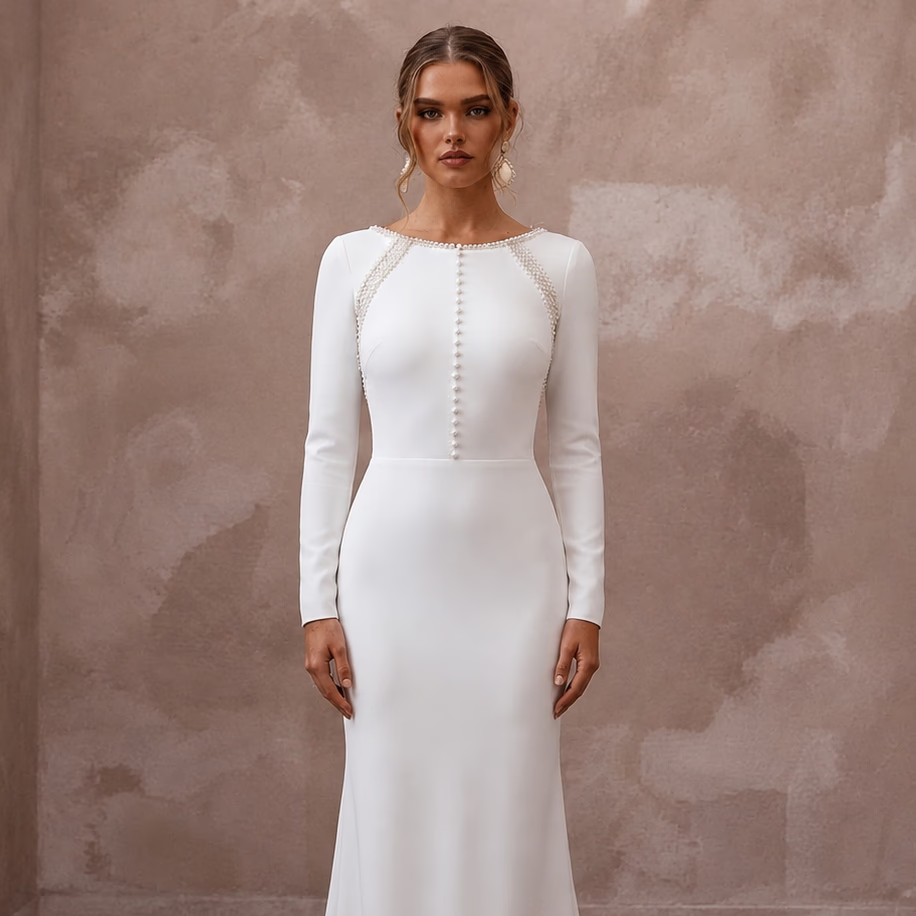 Modest Crepe Sheath Wedding Dress with Long Sleeves - Apparel & Accessories > Clothing > Wedding & Bridal Party Dresses > Wedding Dresses - Mignonette Bridal