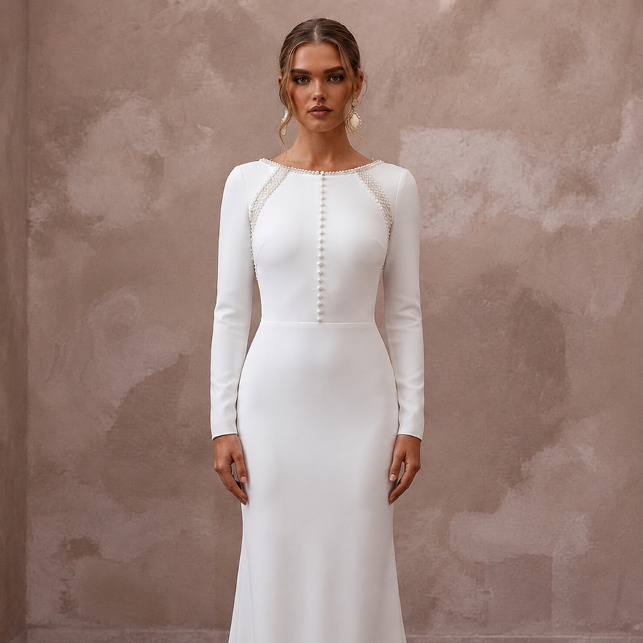 Modest Crepe Sheath Wedding Dress with Long Sleeves - Apparel & Accessories > Clothing > Wedding & Bridal Party Dresses > Wedding Dresses - Mignonette Bridal