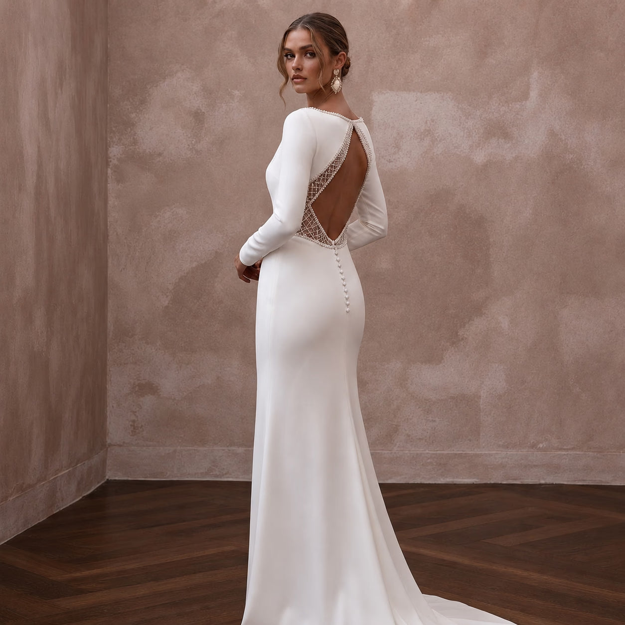Modest Crepe Sheath Wedding Dress with Long Sleeves Secondary image