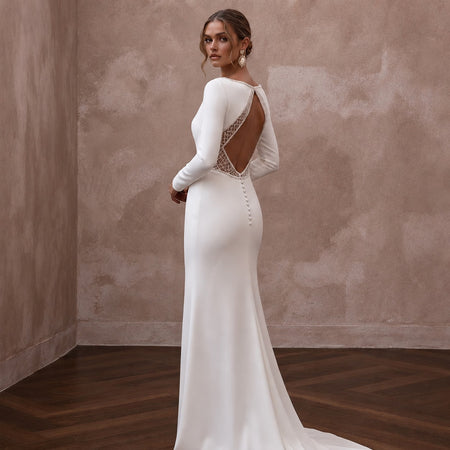 Modest Crepe Sheath Wedding Dress with Long Sleeves - Apparel & Accessories > Clothing > Wedding & Bridal Party Dresses > Wedding Dresses - Mignonette Bridal