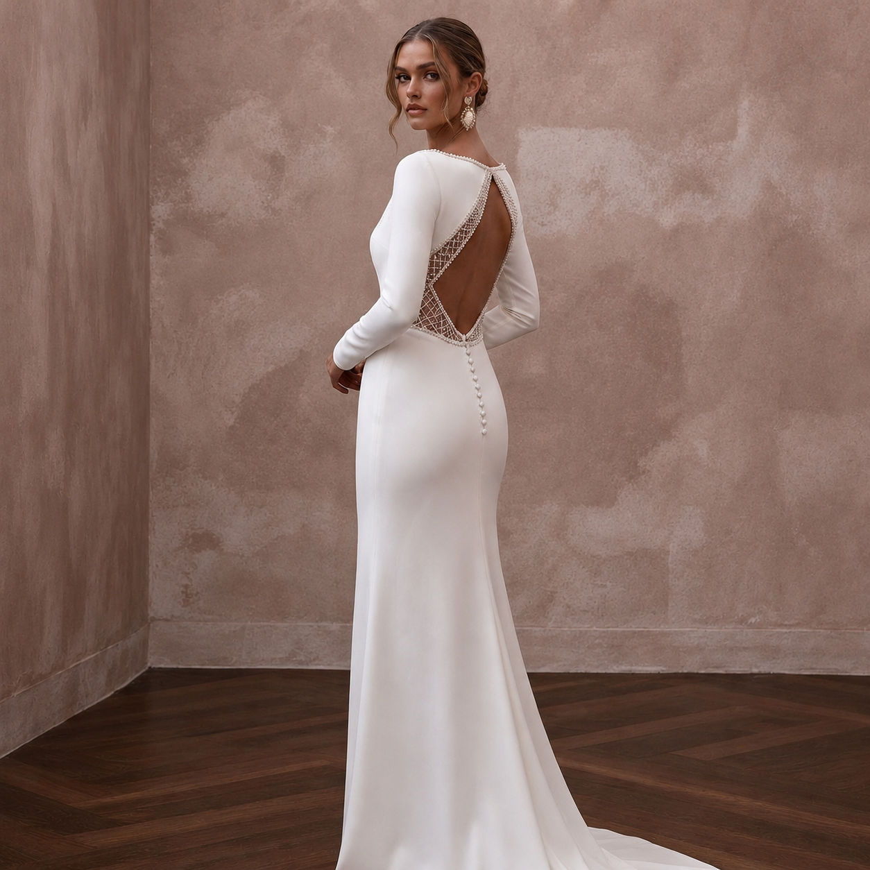 Modest Crepe Sheath Wedding Dress with Long Sleeves - Apparel & Accessories > Clothing > Wedding & Bridal Party Dresses > Wedding Dresses - Mignonette Bridal