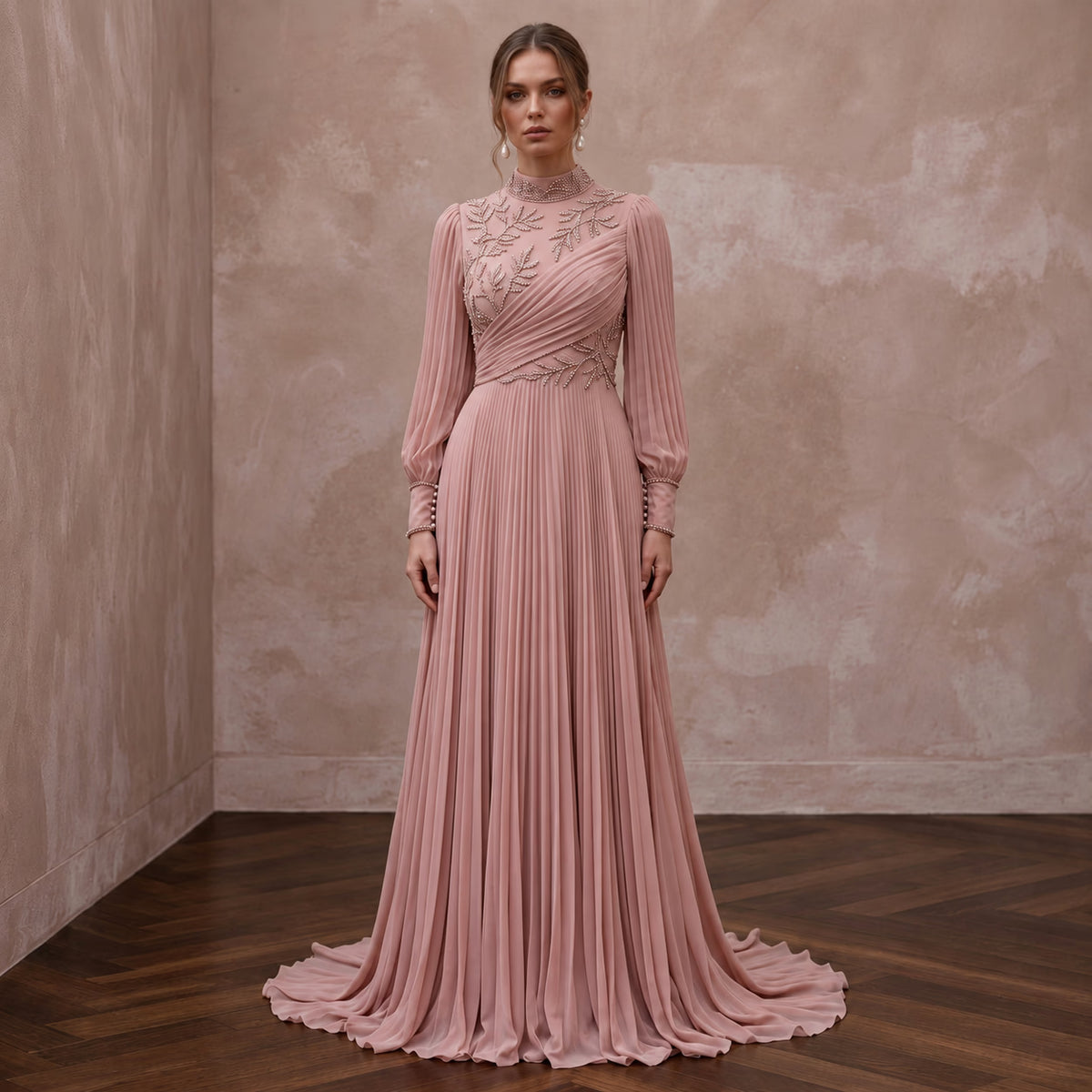 Modest Dusty Rose Chiffon High Neck Pleated Skirt Formal Gown Main image