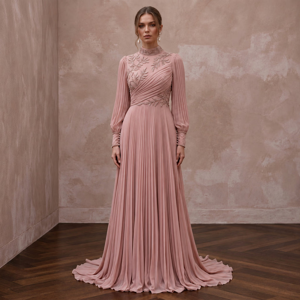 Modest Dusty Rose Chiffon High Neck Pleated Skirt Formal Gown