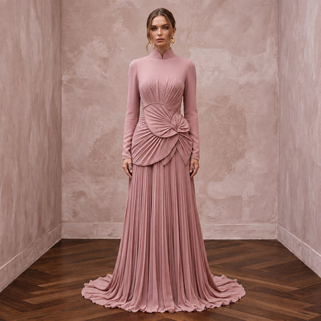 Modest Dusty Rose Chiffon High Neck Pleated Skirt Formal Gown - Apparel & Accessories > Clothing > Wedding & Bridal Party Dresses > Wedding Dresses - Mignonette Bridal