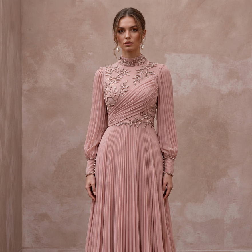 Modest Dusty Rose Chiffon High Neck Pleated Skirt Formal Gown