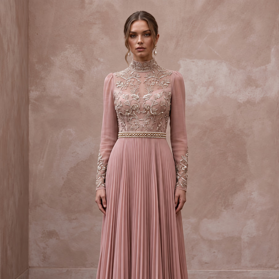 Modest Dusty Rose Chiffon High Neck Pleated Skirt Formal Gown