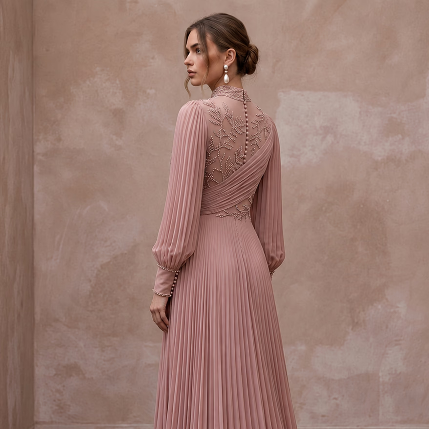 Modest Dusty Rose Chiffon High Neck Pleated Skirt Formal Gown