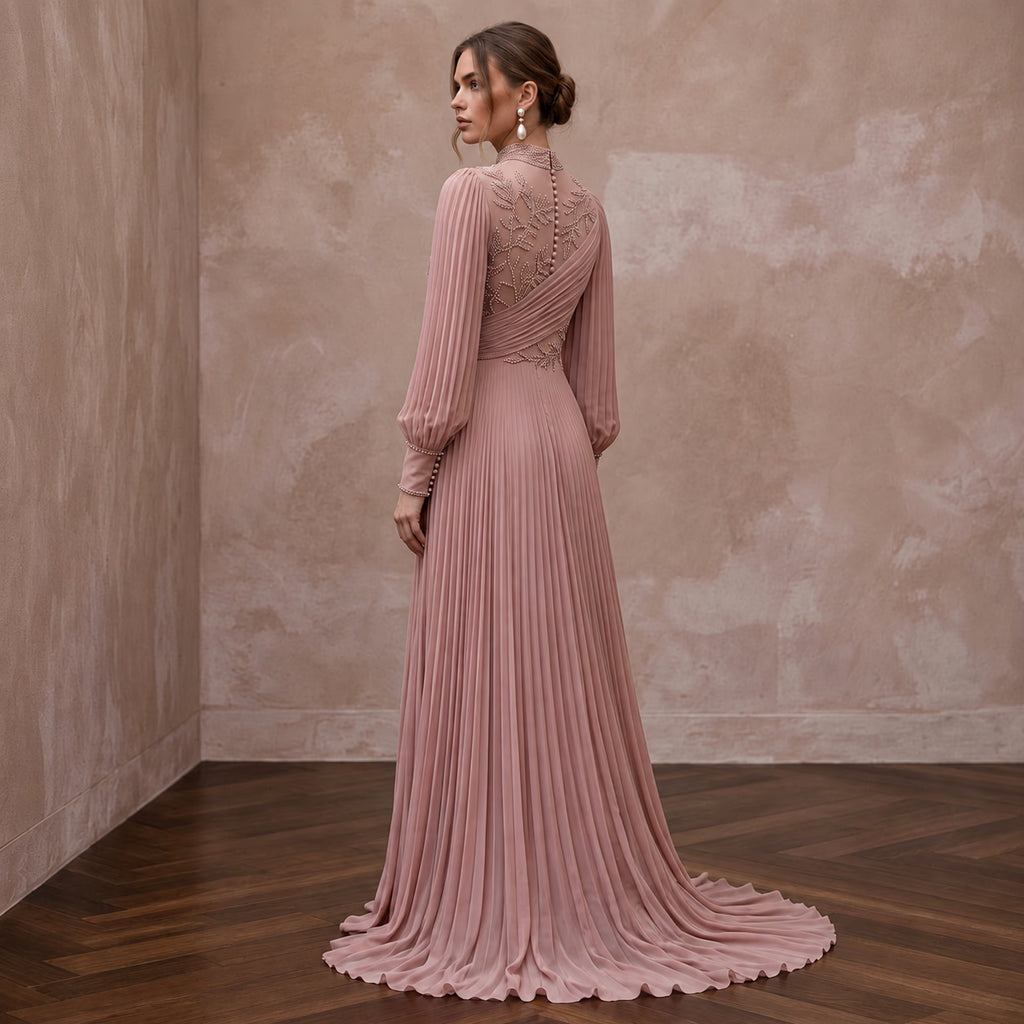Modest Dusty Rose Chiffon High Neck Pleated Skirt Formal Gown