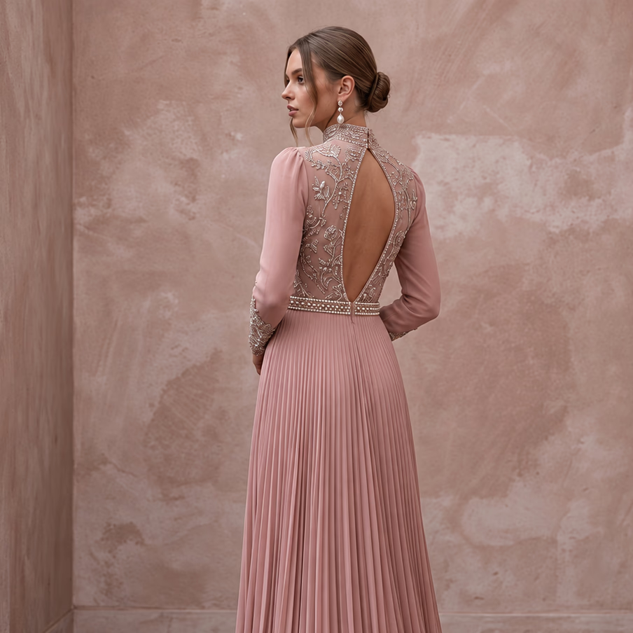 Modest Dusty Rose Chiffon High Neck Pleated Skirt Formal Gown