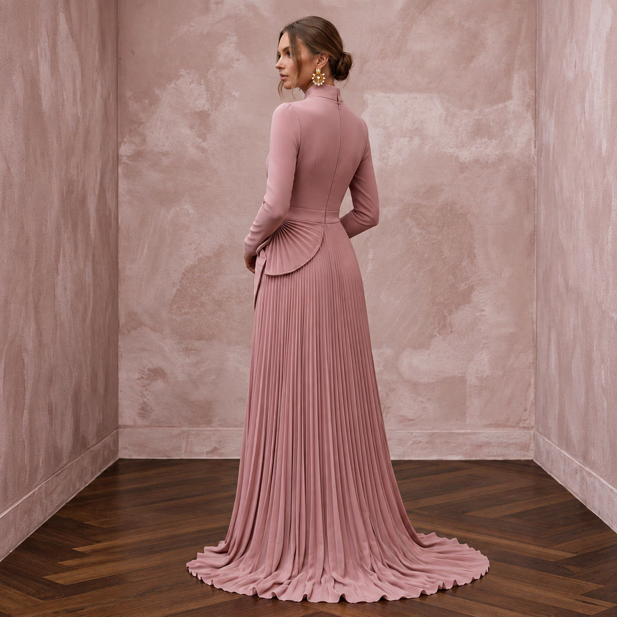 Modest Dusty Rose Chiffon High Neck Pleated Skirt Formal Gown Secondary image