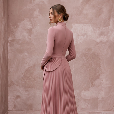 Modest Dusty Rose Chiffon High Neck Pleated Skirt Formal Gown - Apparel & Accessories > Clothing > Wedding & Bridal Party Dresses > Wedding Dresses - Mignonette Bridal