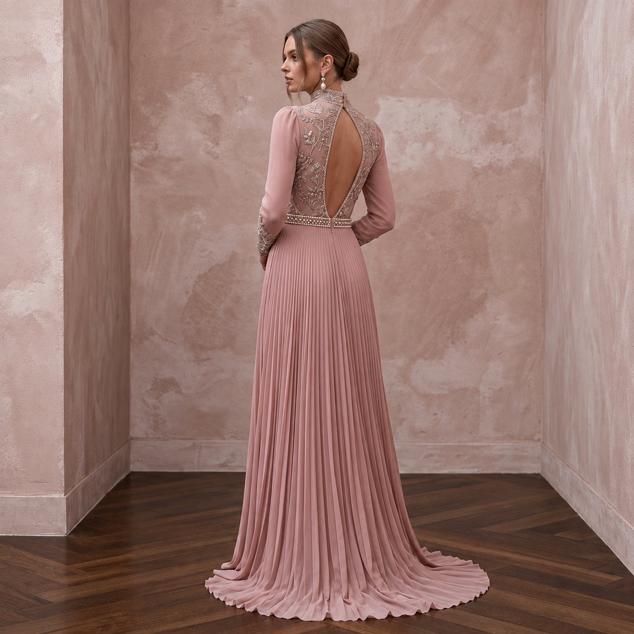 Modest Dusty Rose Chiffon High Neck Pleated Skirt Formal Gown Secondary image