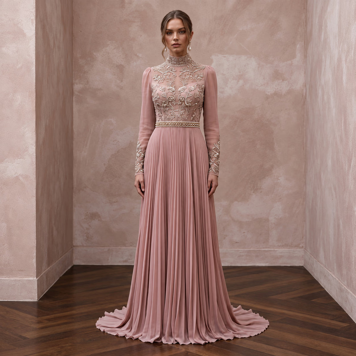 Modest Dusty Rose Chiffon High Neck Pleated Skirt Formal Gown Main image