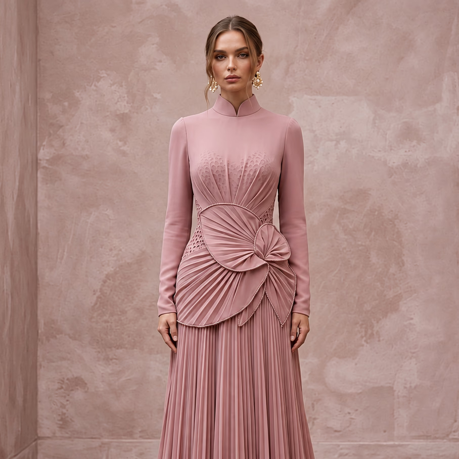 Modest Dusty Rose Chiffon High Neck Pleated Skirt Formal Gown - Apparel & Accessories > Clothing > Wedding & Bridal Party Dresses > Wedding Dresses - Mignonette Bridal