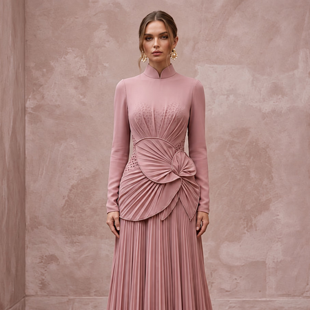 Modest Dusty Rose Chiffon High Neck Pleated Skirt Formal Gown - Apparel & Accessories > Clothing > Wedding & Bridal Party Dresses > Wedding Dresses - Mignonette Bridal