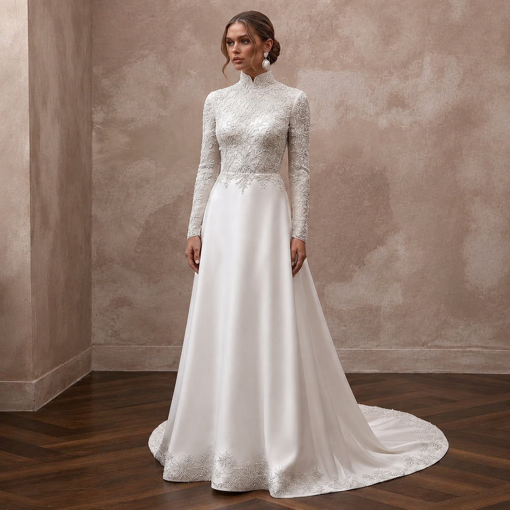 Modest High Neck Wedding Gown for a Winter Ceremony