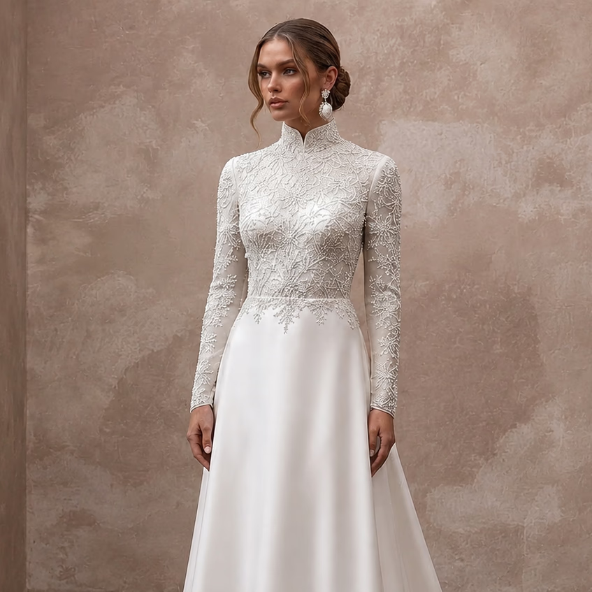 Modest High Neck Wedding Gown for a Winter Ceremony