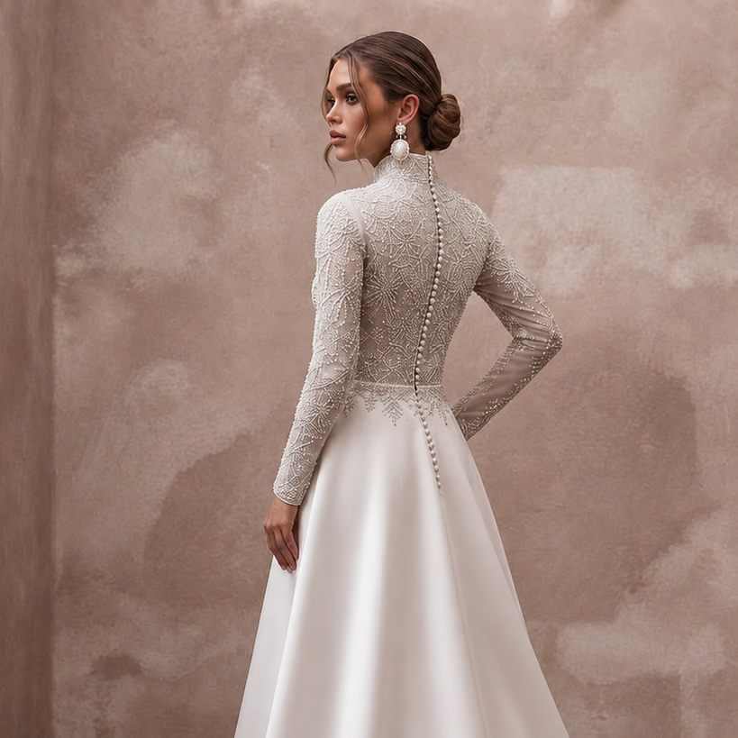 Modest High Neck Wedding Gown for a Winter Ceremony