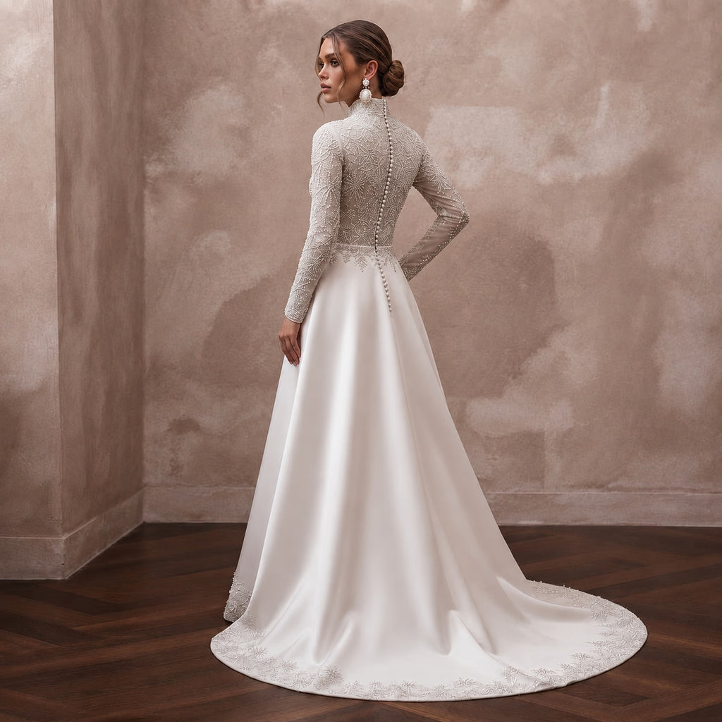 Modest High Neck Wedding Gown for a Winter Ceremony