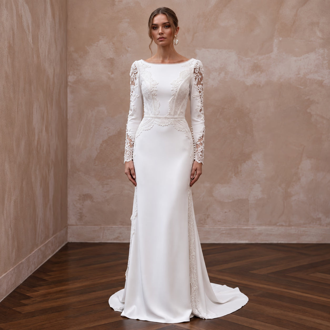 Modest Ivory Crepe Bateau Neck Long Sleeve Sheath Wedding Dress - Apparel & Accessories > Clothing > Wedding & Bridal Party Dresses > Wedding Dresses - Mignonette Bridal