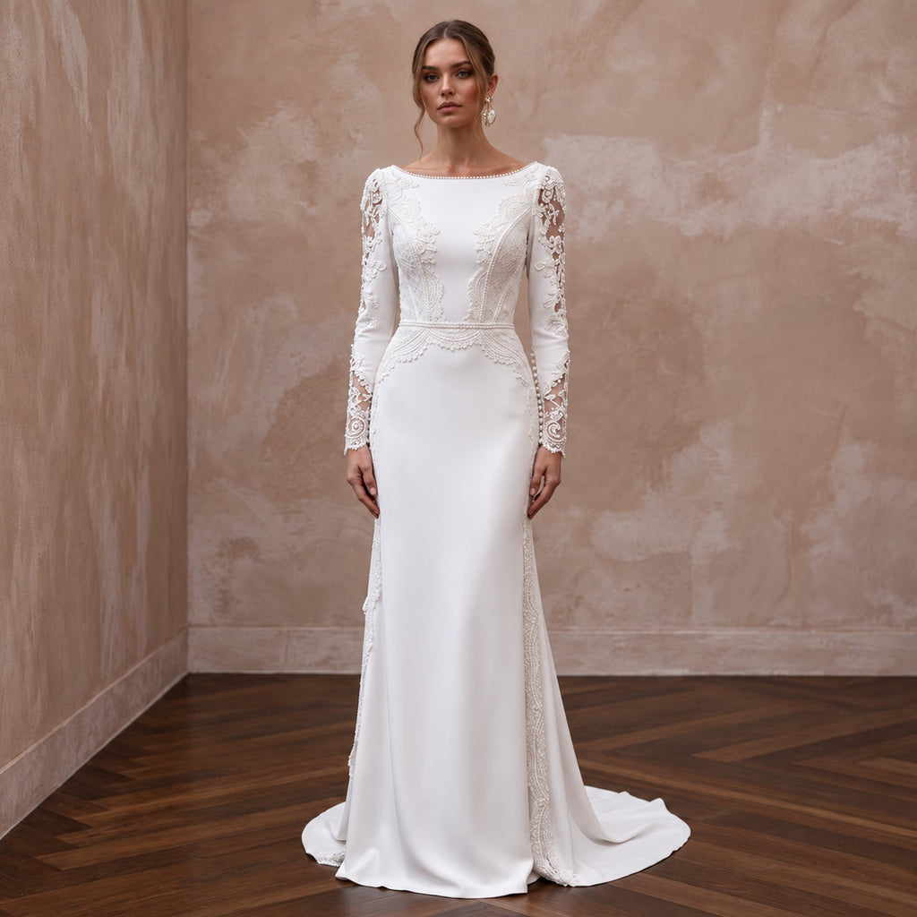 Modest Ivory Crepe Bateau Neck Long Sleeve Sheath Wedding Dress - Apparel & Accessories > Clothing > Wedding & Bridal Party Dresses > Wedding Dresses - Mignonette Bridal