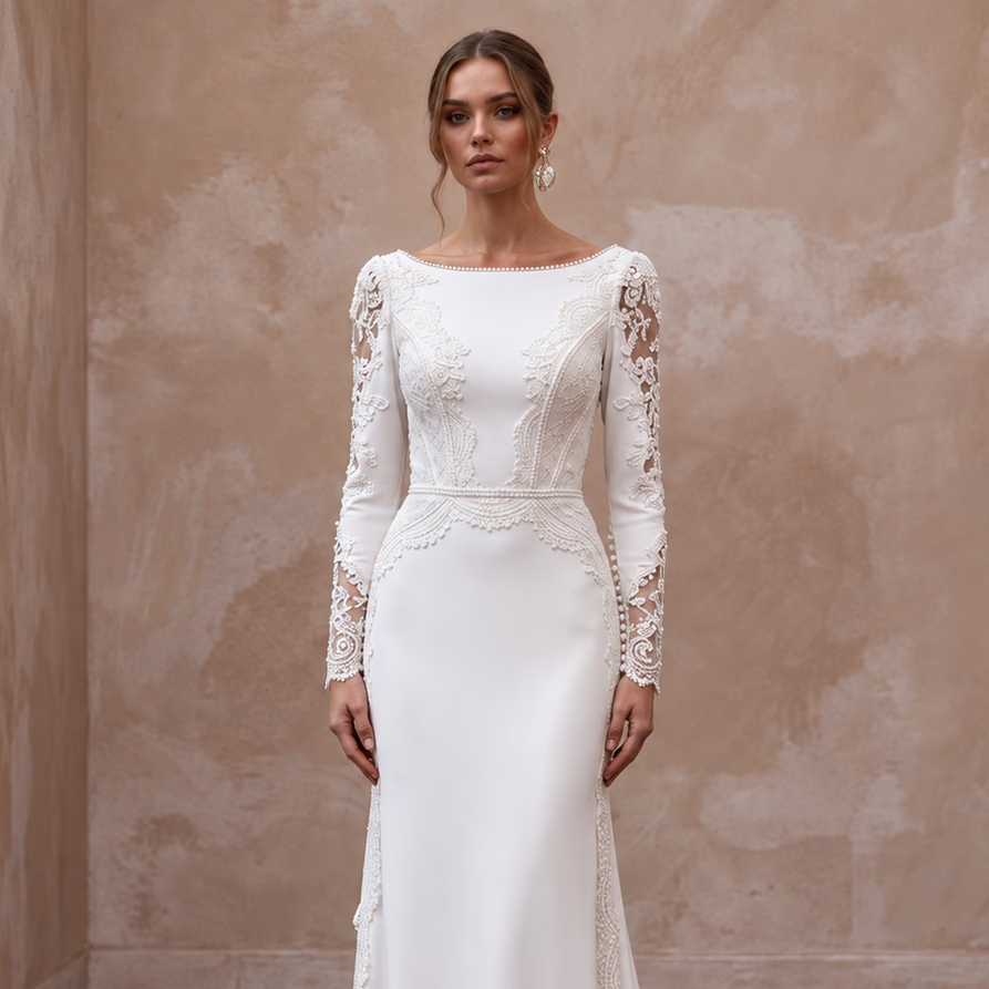 Modest Ivory Crepe Bateau Neck Long Sleeve Sheath Wedding Dress - Apparel & Accessories > Clothing > Wedding & Bridal Party Dresses > Wedding Dresses - Mignonette Bridal